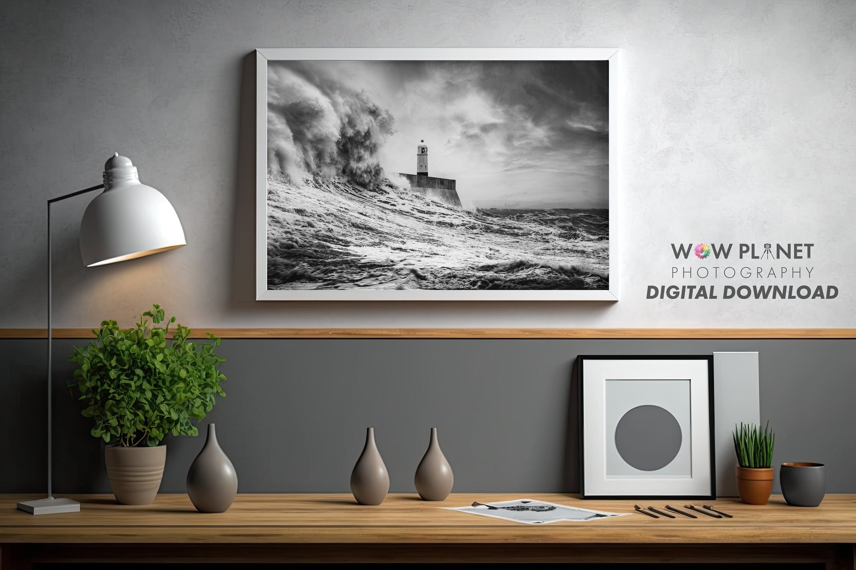 Printable Digital Download: Porthcawl Lighthouse, Storm,  printing A4, A3, A2 Wall Art, Black and White Photograph for Interior Decoration