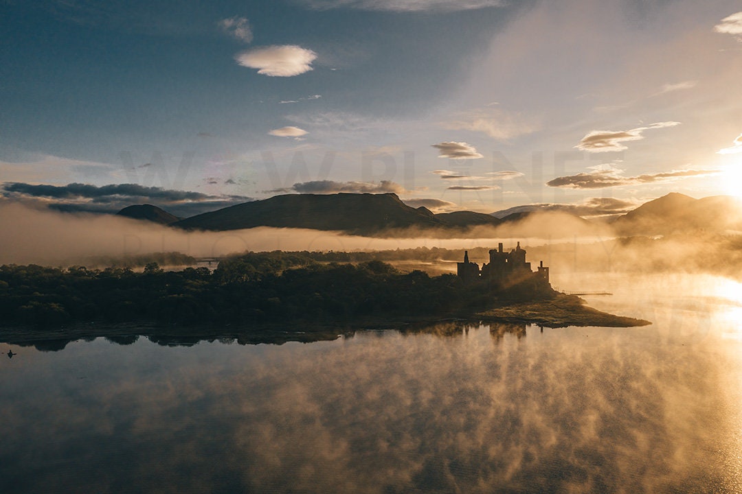Printable Digital Download, Sunrise Mist over Kilchurn Castle, Scotland Landscape Wall Art
