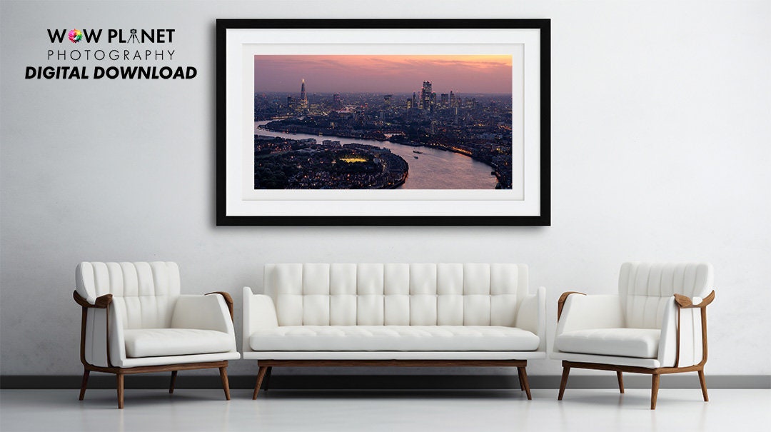 Printable Digital Download: London Sunset Skyline, provided in High Resolution Colour & Mono Wall Art. Perfect for printing to Canvas